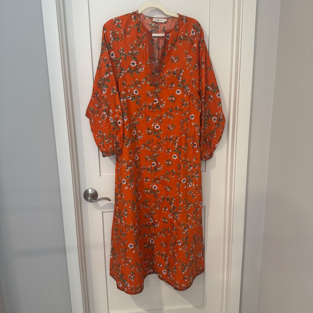 Tory Burch Orange Floral Cotton Maxi Dress Long Balloon Sleeve Size 6 $428 new